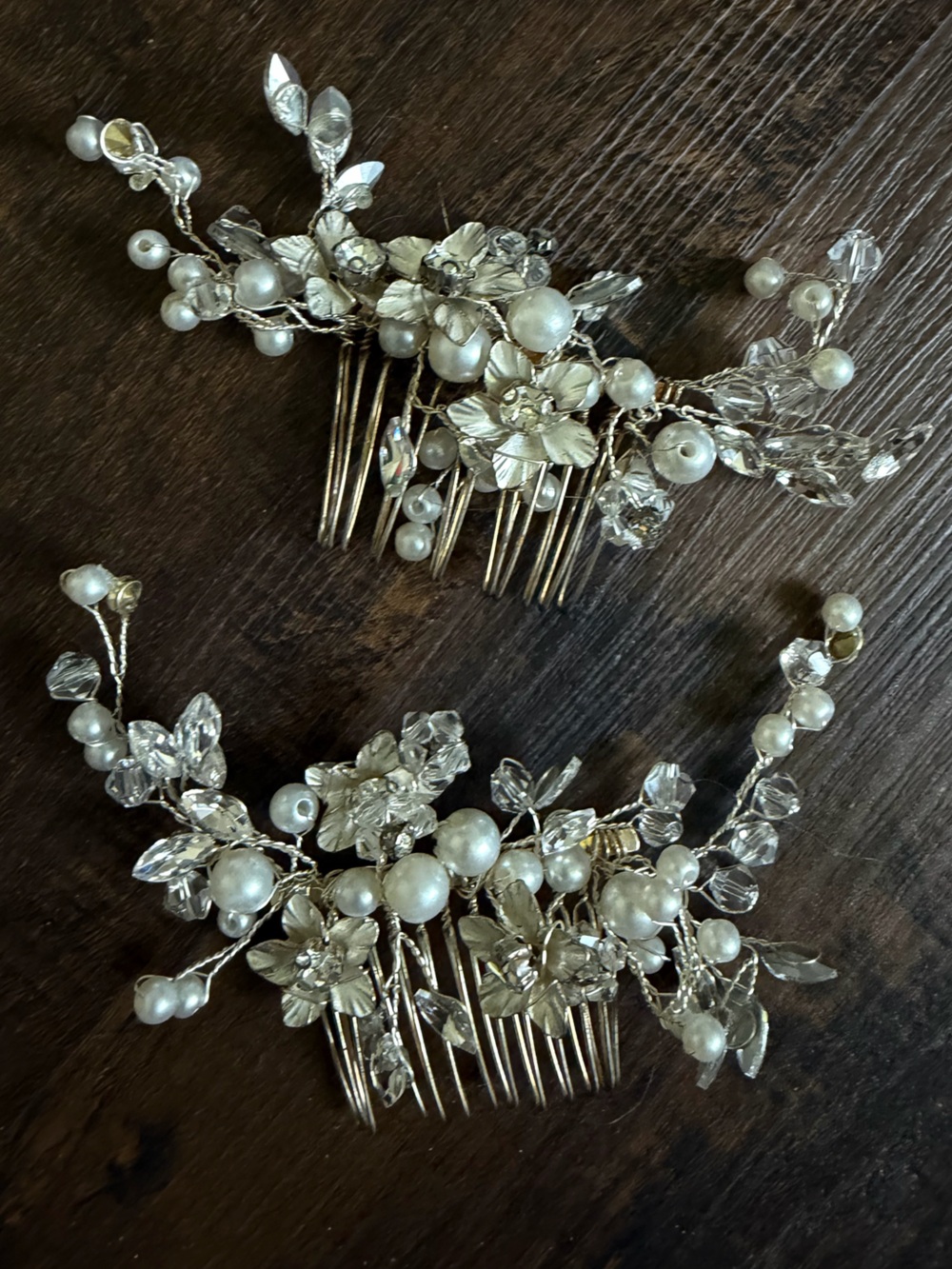 (2) Pearl & Crystal Floral Hair Combs - Silver Tone